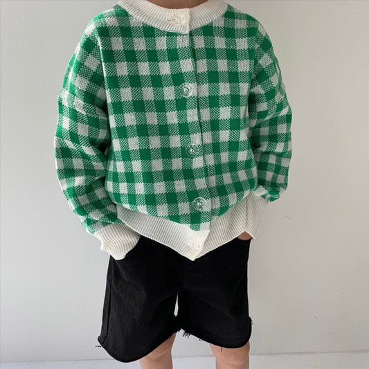 Gingham Check Knit Cardigan ギンガムチェック クルーネック 長袖カーディガン【mh0012699】