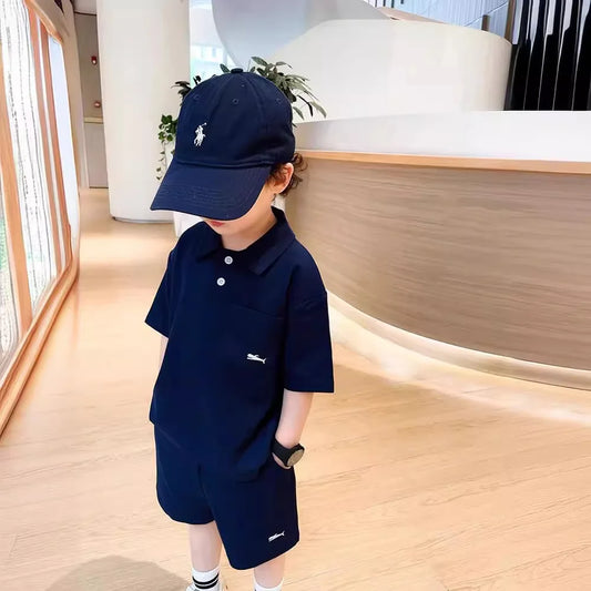 -キッズセットアップ 2点セット 半袖ポロシャツ+ショートパンツ ワンポイント刺繍 3カラー【mh0006033】 - mamahalo shop - 半袖セットアップ - べビー服 - 子供服 - 男の子 - 女の子