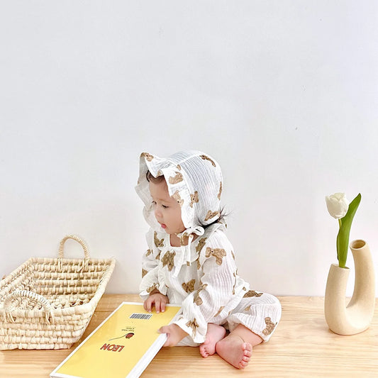 -ベビーロンパース 帽子セット 長袖ジャンプスーツ ベアくまプリント ベージュ【mh0006224】 - mamahalo shop - 長袖ロンパース - べビー服 - 子供服 - 男の子 - 女の子