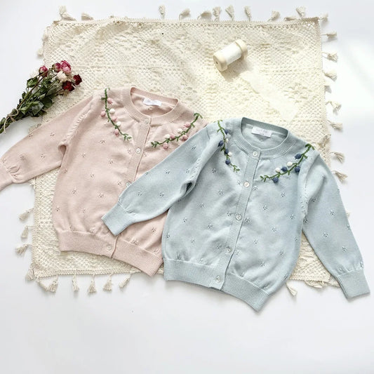 -キッズカーディガン ニットジャケット フラワー花柄刺繍 ピンク/ブルー/2カラー - mamahalo shop - カーディガン・パーカー - べビー服 - 子供服 - 男の子 - 女の子