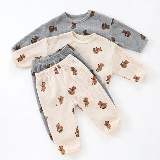 -ベビーパジャマセット ワッフル 長袖Tシャツ+ロングパンツ ベアくまプリント 3カラー - mamahalo shop - 長袖パジャマ - べビー服 - 子供服 - 男の子 - 女の子