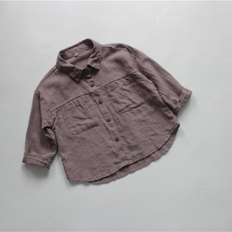 -キッズ服 長袖 シャツ トップス コットンリネン シンプル ベーシック 無地 ベージュ 紫 男の子 - mamahalo shop - 長袖シャツ・ブラウス - べビー服 - 子供服 - 男の子 - 女の子