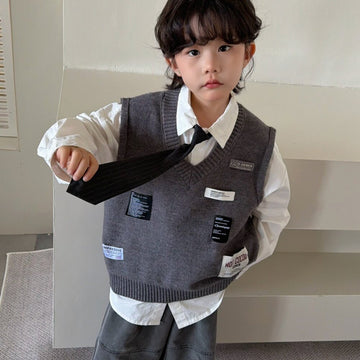 Camisa de manga larga con corbata, chaleco de punto con parche y pantalón ancho para niños y jóvenes 【mh0014435】