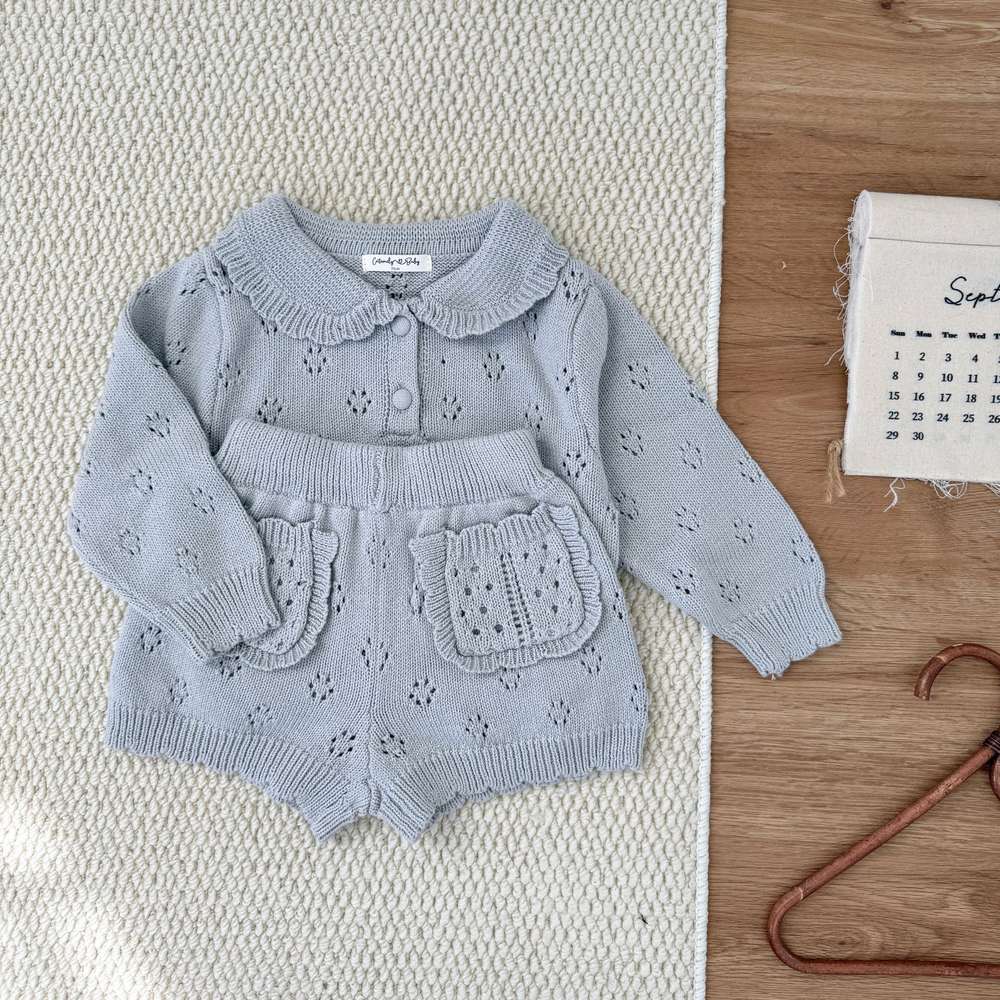 長袖ニットトップス+ショートパンツ 透かし編み レース襟付き セットアップ 2点セット【mh0011511】