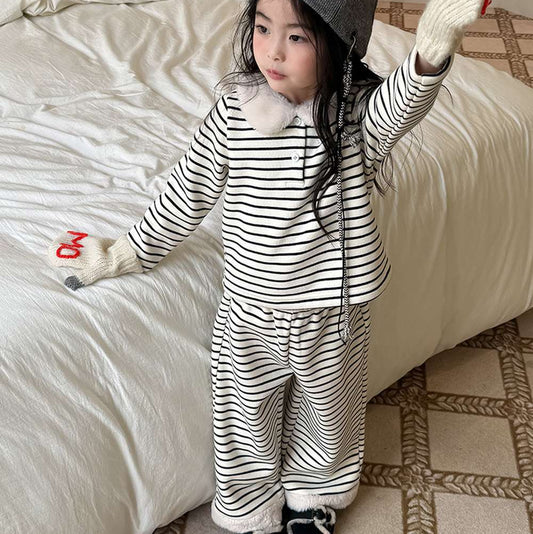 長袖ボアトップス+ロングパンツ 裏起毛ボーダー セットアップ 2点セット【mh0011458】