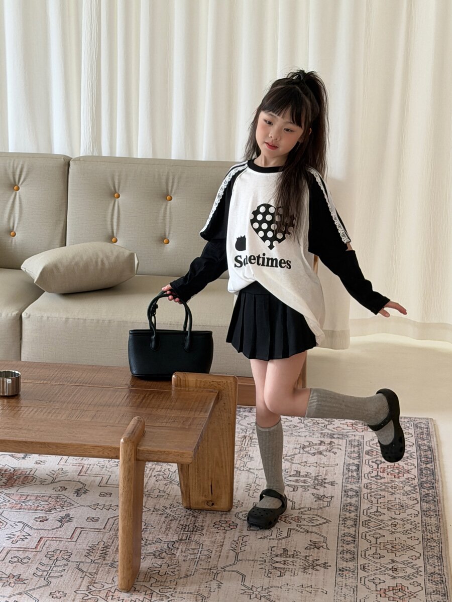 キッズ ジュニア ハート 英字 プリント レース リボン スリット 長袖 Tシャツ【mh0014466】