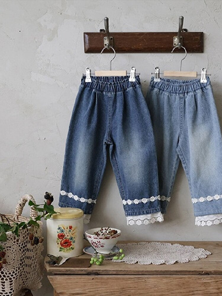 キッズ ジュニア 花柄 レース フリル デニム バギー ワイド ロングパンツ【mh0014796】