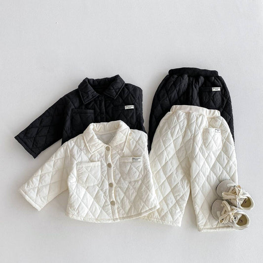 -長袖キルティングジャケット+パンツ セットアップ 2点セット 防寒 中綿ダイヤ柄【mh0011387】 - mamahalo shop - 長袖セットアップ - べビー服 - 子供服 - 男の子 - 女の子