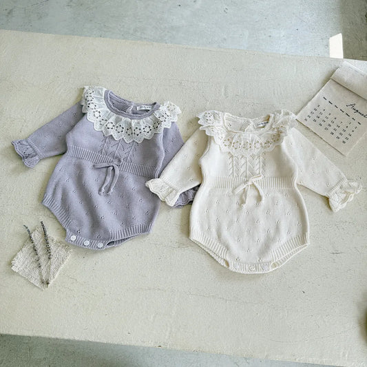 -花柄レース襟付き長袖ニットロンパース【mh0011150】 - mamahalo shop - 長袖ロンパース - べビー服 - 子供服 - 男の子 - 女の子