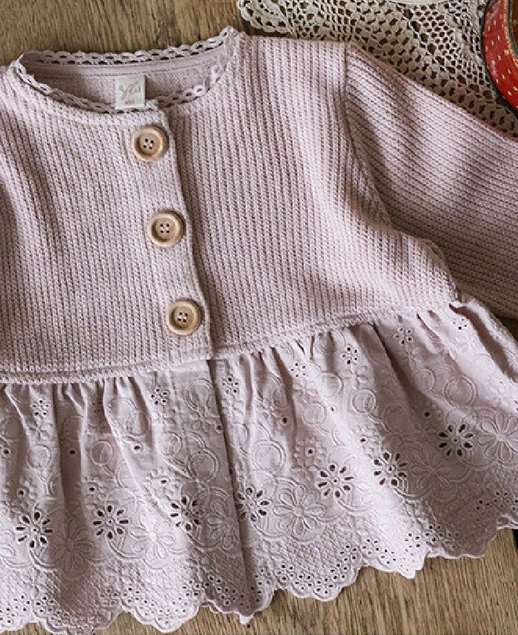 キッズ ジュニア ペプラム 花柄刺繍 レース切替 ニット カーディガン【mh0014799】