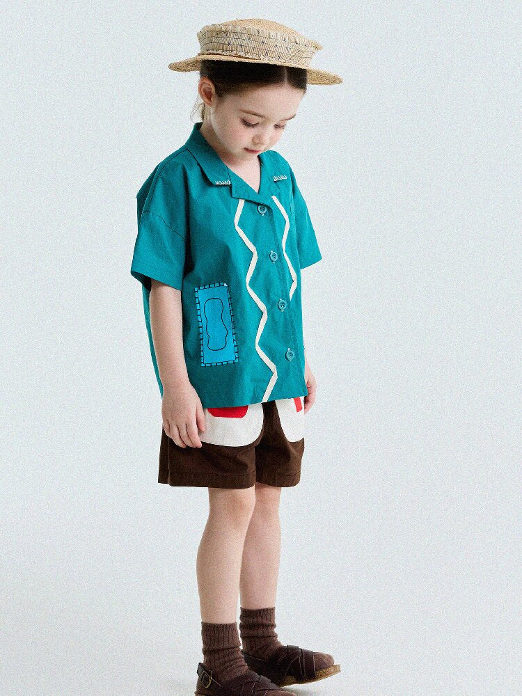 Retro Color-Blocking Short-Sleeved Cotton Shirt レトロ 半袖シャツ【mh0013207】