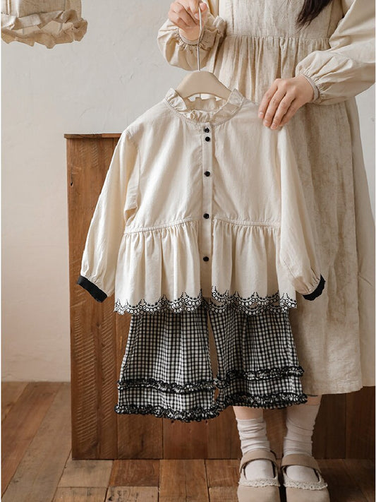 Embroidered Blouse Gingham Pants Set