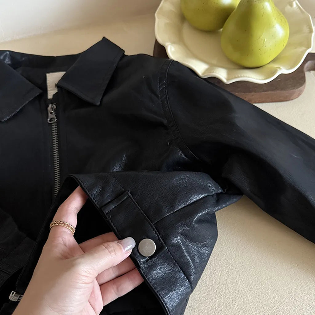 -フェイクレザーショートジャケット フルジップアウター レトロブルゾン【mh0011064】 - mamahalo shop - ショートコート・ジャケット・ジャンパー - べビー服 - 子供服 - 男の子 - 女の子