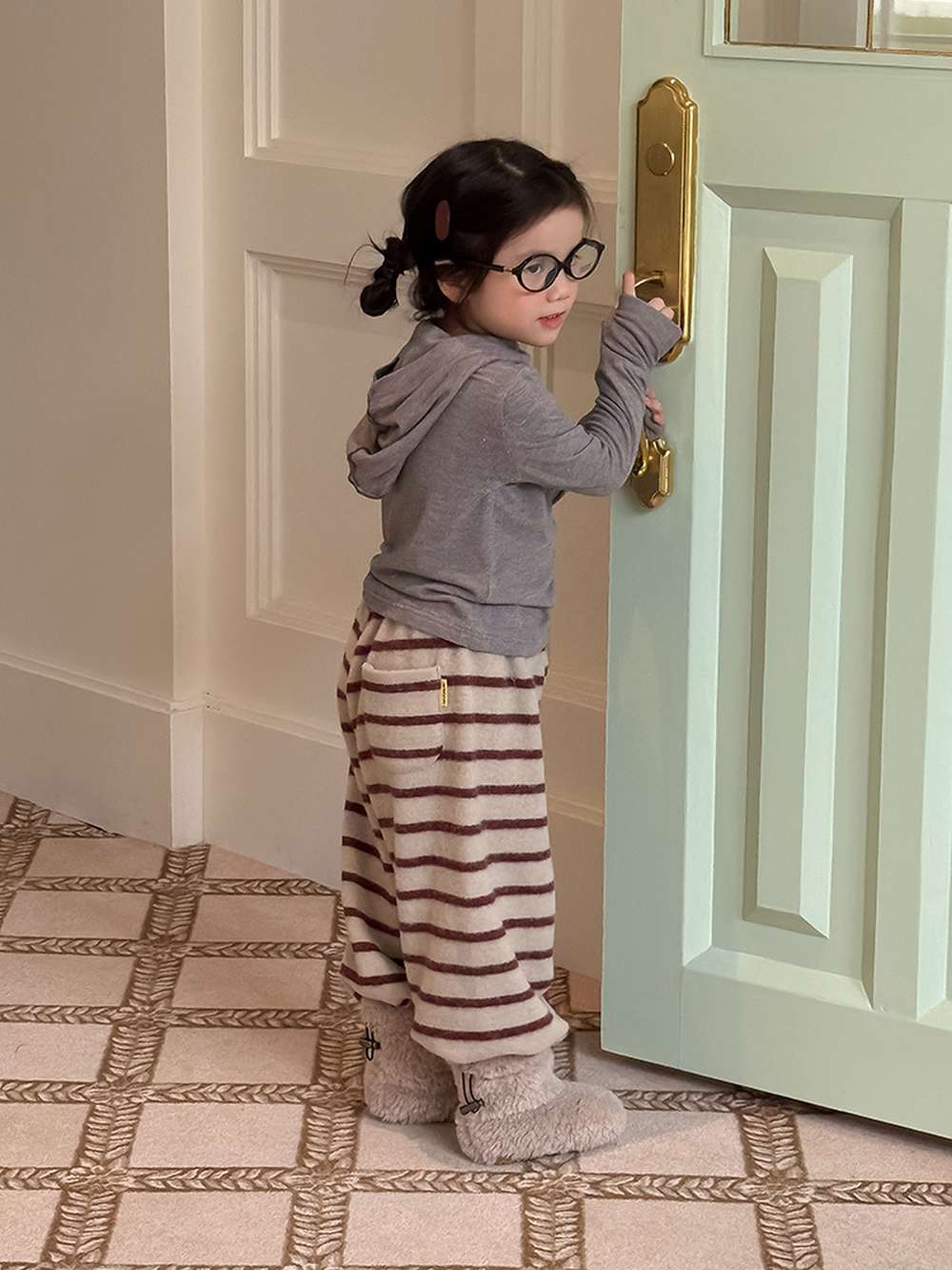 ロングボアパンツ もこもこ ボーダー スウェットパンツ【mh0011465】