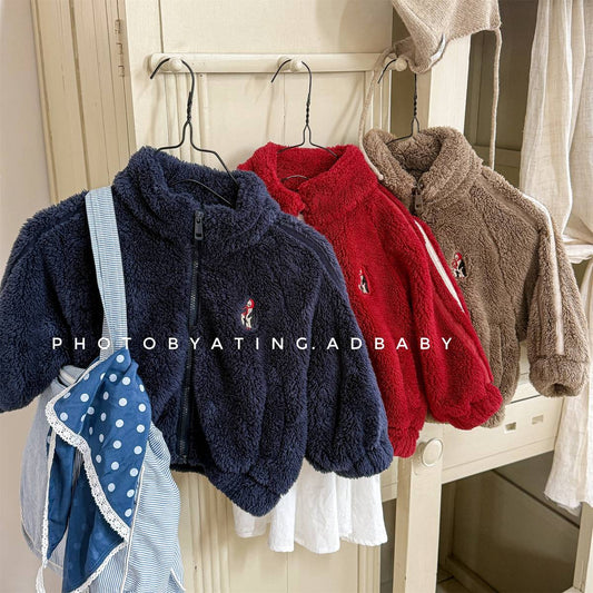 -ボアジャケット アウター ジップアップ 腕ライン 刺繍入り もこもこ素材【mh0011398】 - mamahalo shop - ショートコート・ジャケット・ジャンパー - べビー服 - 子供服 - 男の子 - 女の子