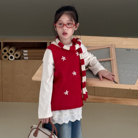 -花柄刺繍ニットベスト キッズ コットンベスト/裾レース長袖Tシャツ ノースリーブトップス【mh0010953】 - mamahalo shop - ベスト - べビー服 - 子供服 - 男の子 - 女の子