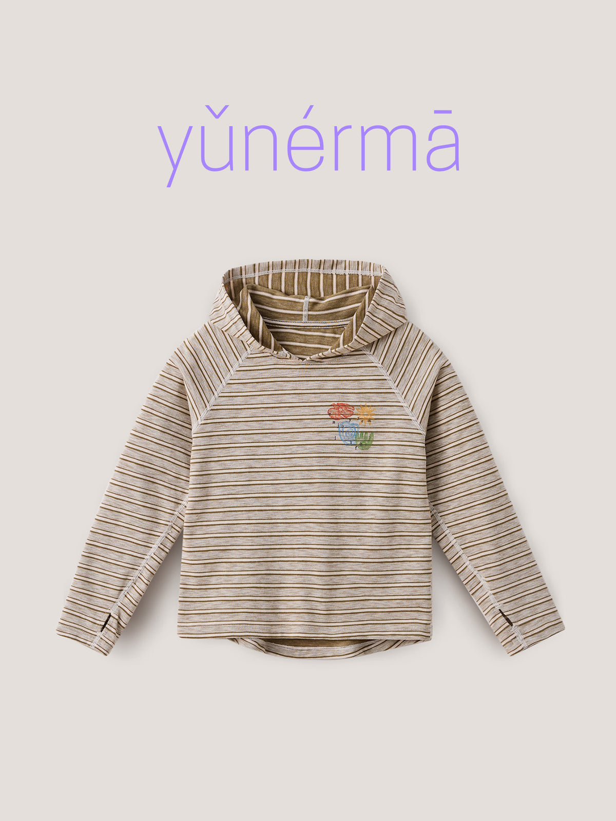 ボーダー柄フード付き長袖Tシャツ、胸に刺しゅう風デザイン付き