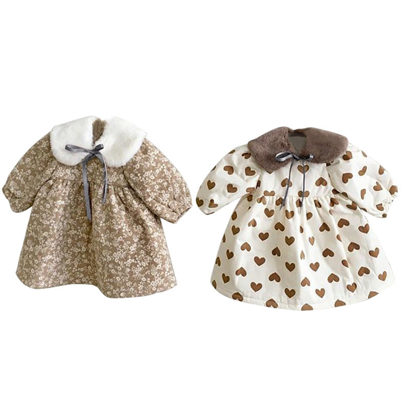 Faux Fur Collar Printed Padded Dress 花柄 ハート柄ワンピース【mh0012634】