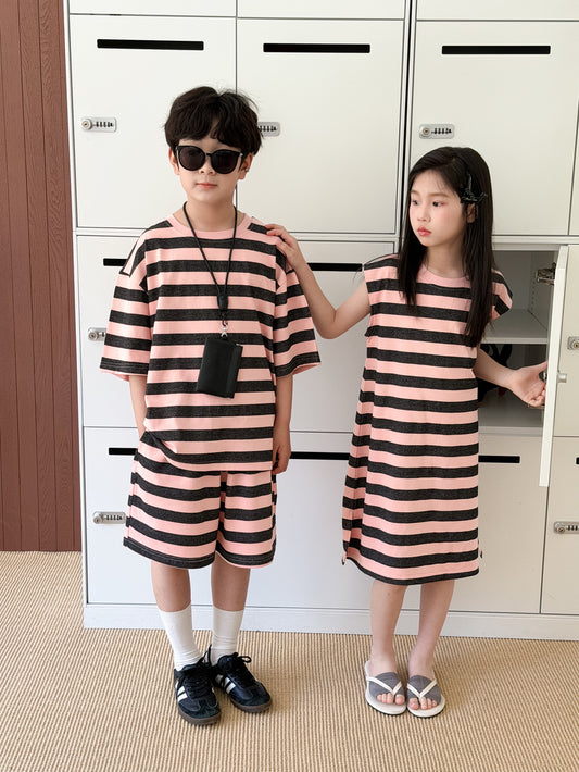 Stripe Loose T-shirt Dress And Shorts Set ボーダー 半袖Tシャツ ハーフパンツ ノースリーブワンピース【mh0013520】
