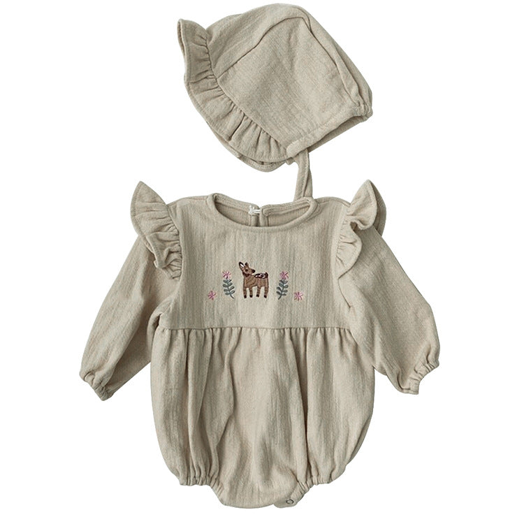 Fawn Embroidered Ruffle Bodysuit 小鹿 刺繍 フリル 長袖ロンパース【mh0012696】