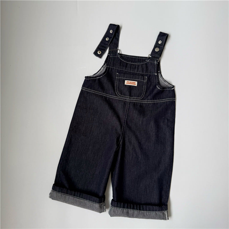 キッズ パッチ デニム ステッチ ロング サロペット【mh0013650】