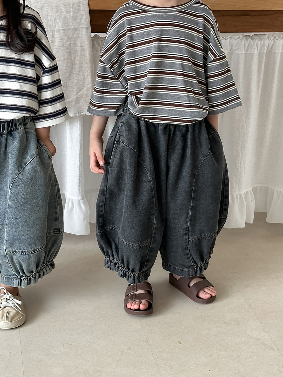 Gentered Pleated Elastic Denim Capris ウォッシュ クロップドパンツ【mh0013464】