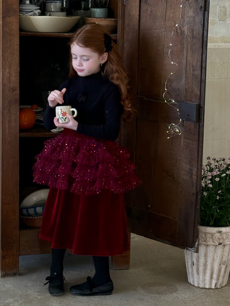 ハイネック長袖Tシャツ/ベルベッドメッシュドッキングスカート【mh0011888】