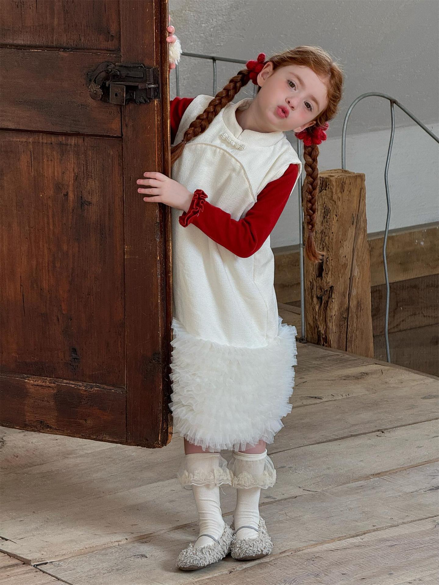 ノースリーブワンピース チュールフリルスカート フリース チャイナドレス【mh0011766】