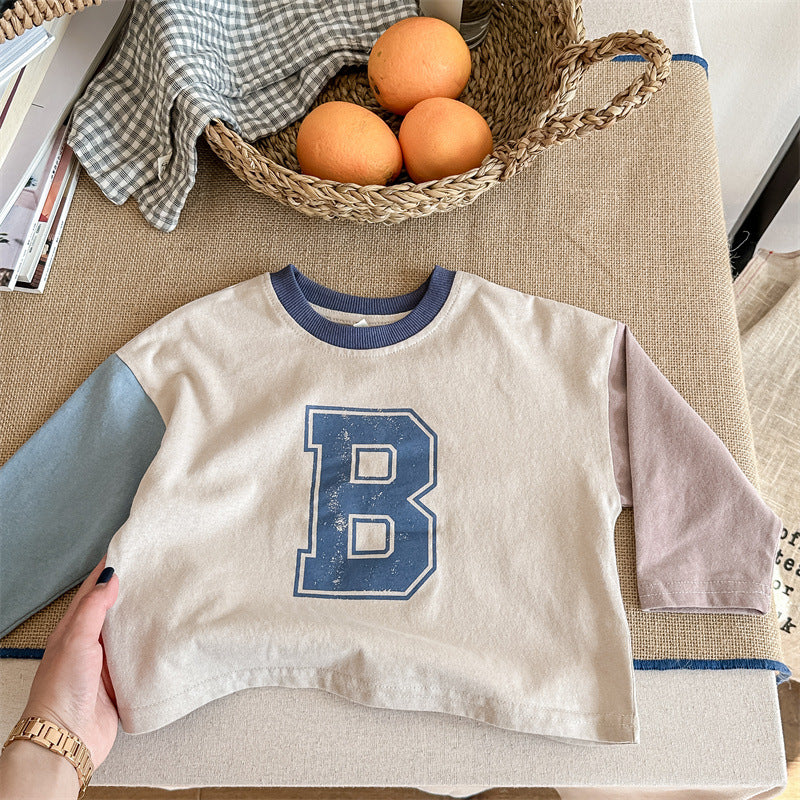 Kids Tops Long Sleeve T-Shirt Patchwork Letter Logo Print 2 Colors