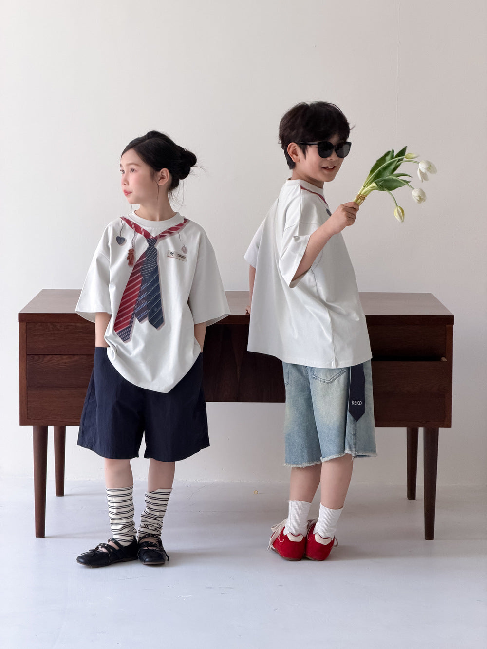 Faux Tie Printed Loose Tee ネクタイ 半袖Tシャツ【mh0013533】