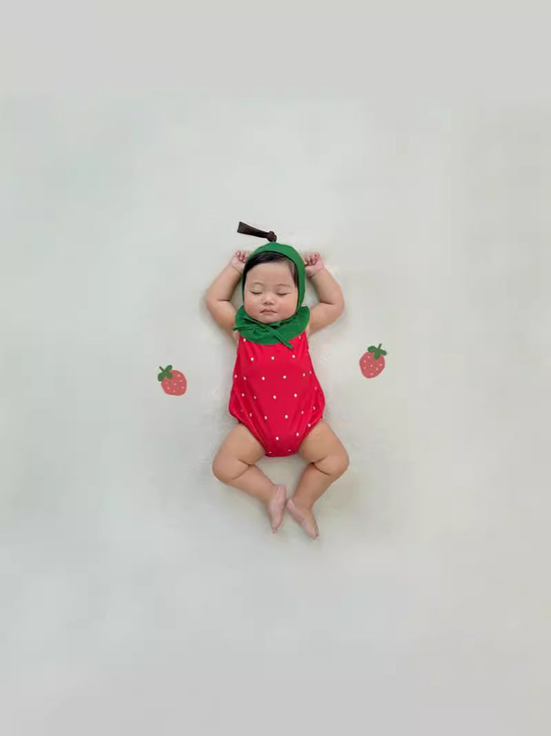 Watermelon Strawberry Fruit Motif One-Piece Swimsuit With Hat スイカ いちご ベビー ワンピース水着【mh0013377】