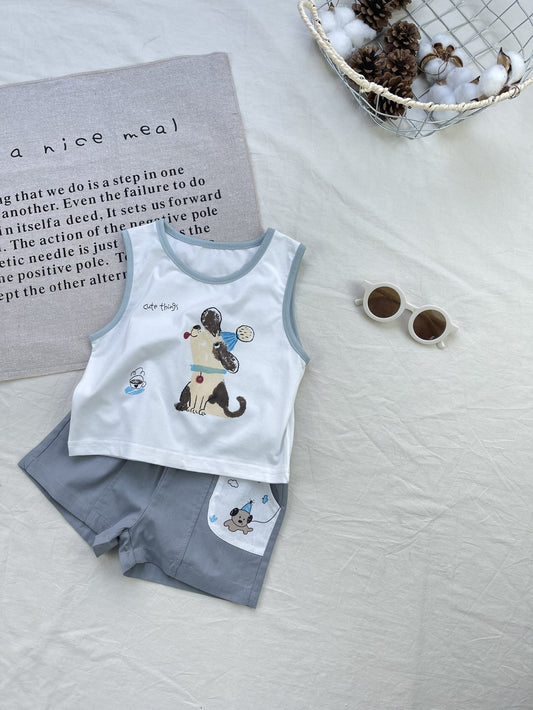 Cartoon Puppy Graphics Vest Set 犬 ノースリーブTシャツ ショートパンツセット【mh0012921】