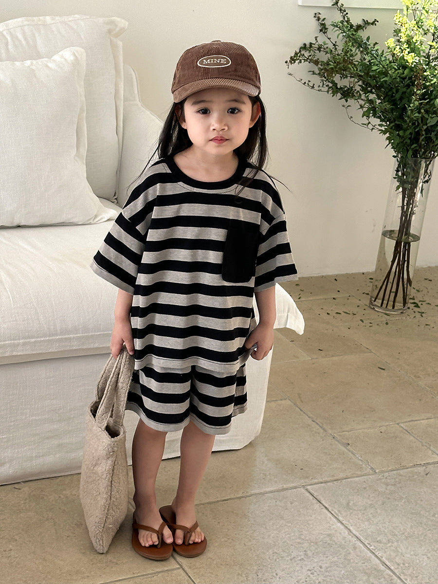 Striped Wide Pocket Short Sleeve Shorts Set ボーダー 半袖Tシャツ ハーフパンツ セット【mh0013467】