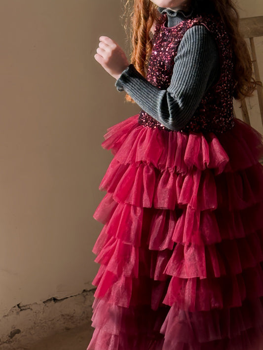 ノースリーブワンピース スパンコール メッシュチュチュスカート ドレス【mh0011894】