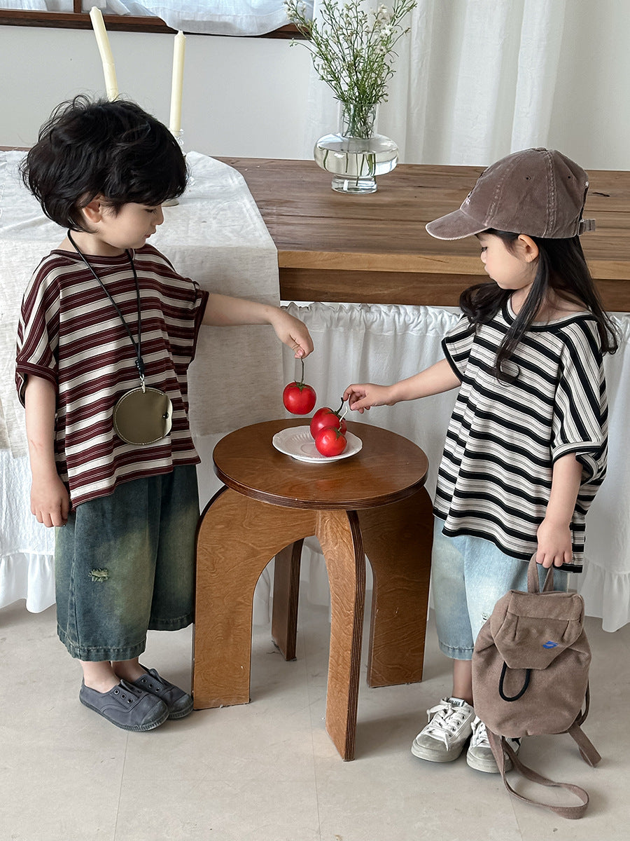 Striped Casual Loose Cotton Tops ボーダー 半袖Tシャツ【mh0013463】