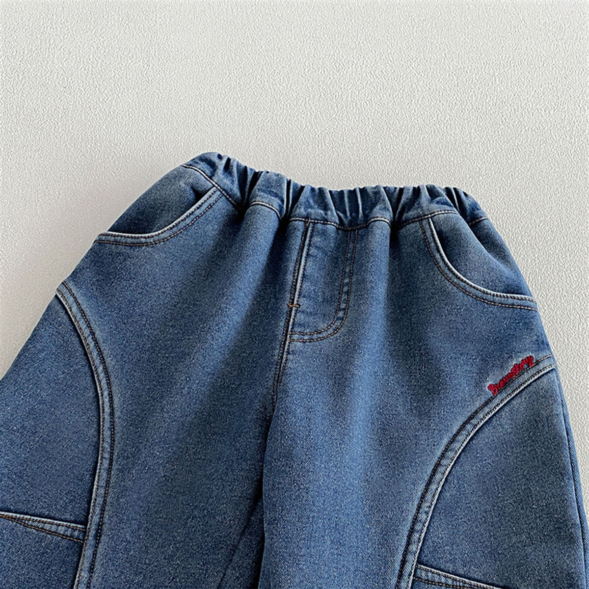 キッズ ステッチ切替 刺繍 デニム 裏起毛 カーブ ロングパンツ【mh0014764】
