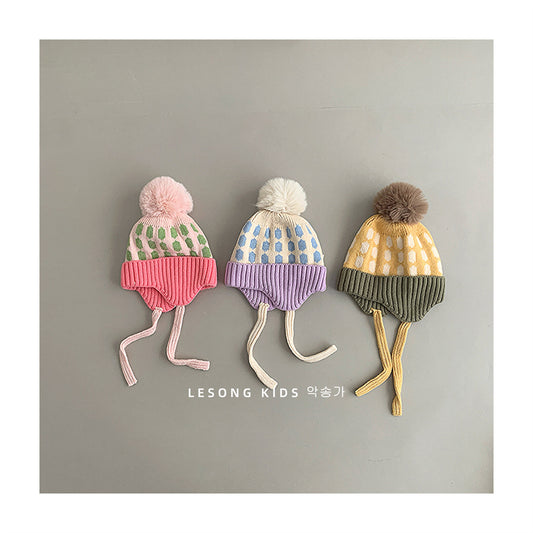 キッズ帽子 ニットキャップ 耳あてぽんぽん付き カラフル 防寒【mh0011794】