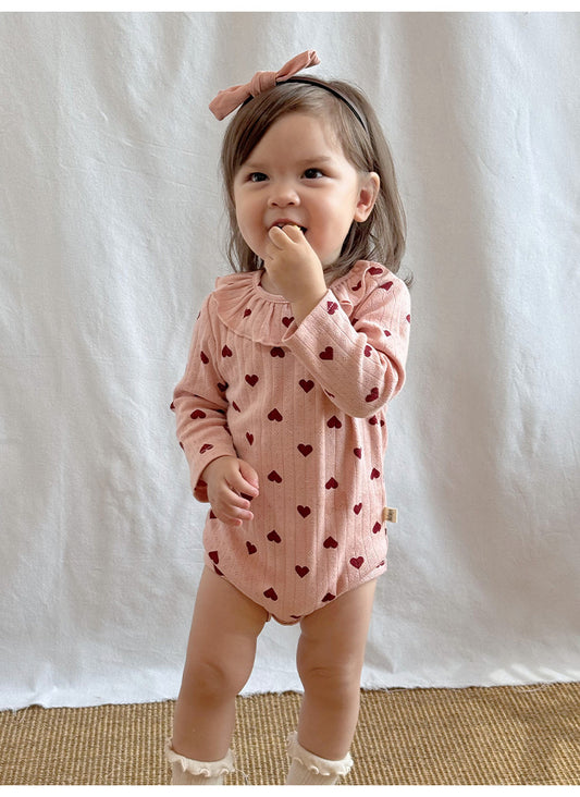 -ハート/リボンプリントラッフル襟長袖ロンパース【mh0010735】 - mamahalo shop - 長袖ロンパース - べビー服 - 子供服 - 男の子 - 女の子