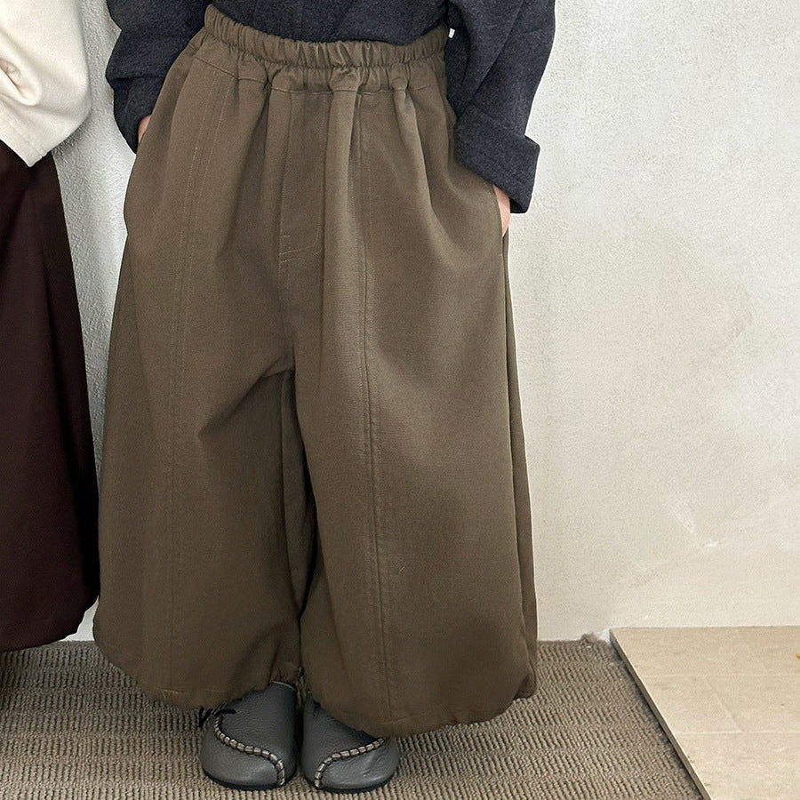 キッズ切り替えステッチルーズワイドパンツ、カーキのゴムウエストワイドパンツ