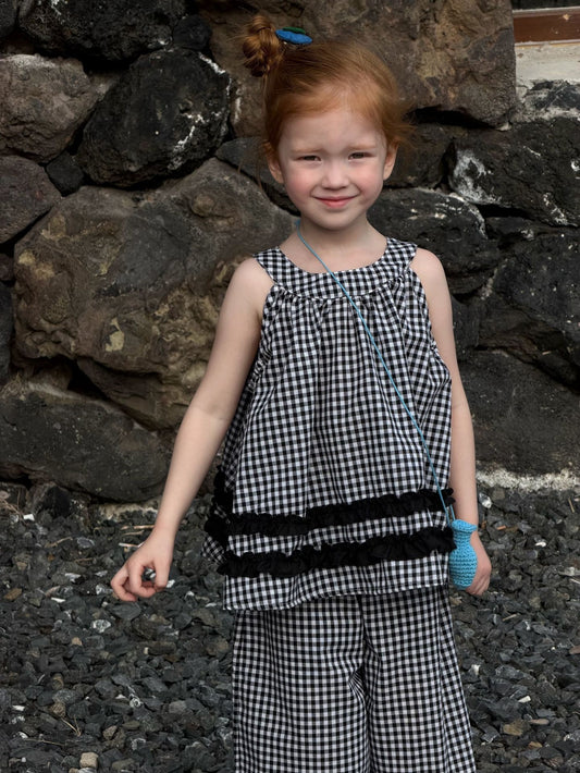 Sleeveless Casual Plaid Two-Piece Set ラッフル ノースリーブトップス ロングパンツ セット【mh0013412】