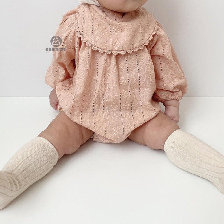 -ベビーキッズ フラワー 刺繍 エプロン ワンピース ロンパース【mh0000064】 - mamahalo shop - 長袖ロンパース - べビー服 - 子供服 - 男の子 - 女の子