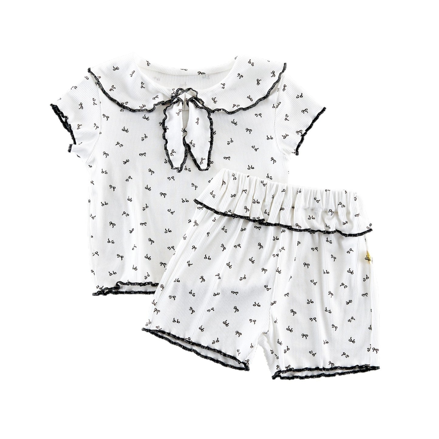 Ribbon Scalloped Collar Set-up リボン柄 セーラー襟 半袖セットアップ【mh0012703】