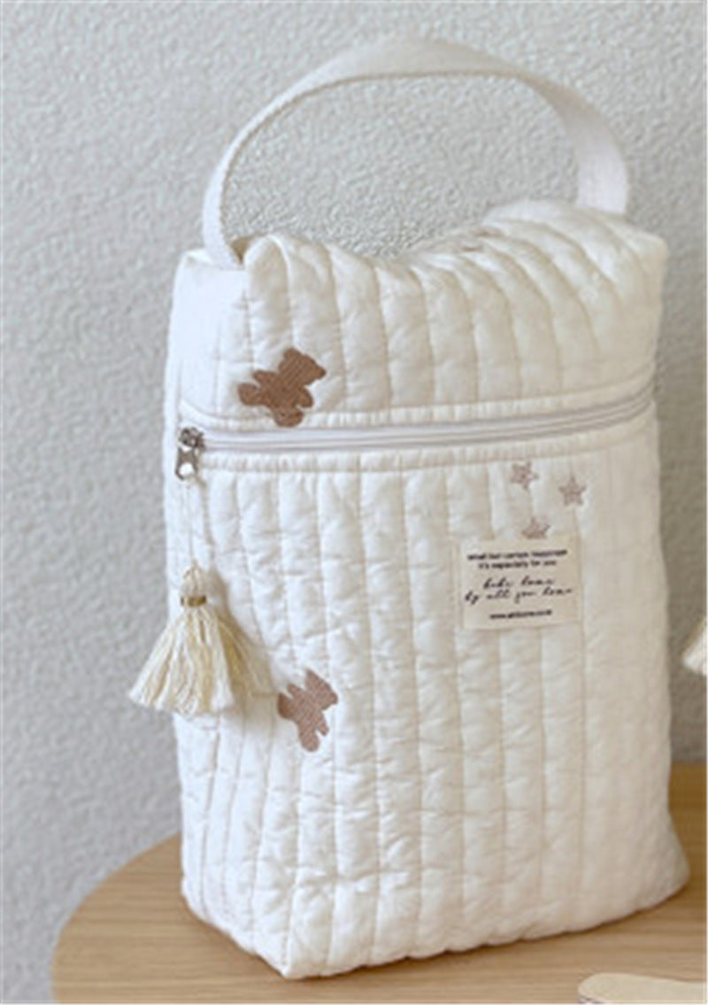 キルティング 刺繍 ハンドル ポーチ おむつポーチ 哺乳瓶 ママバッグ くま ベア 星 どんぐり【mh0000887】