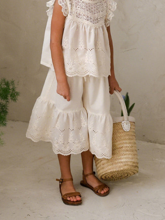 Lace Hem Wide-Leg Pants 刺繍レース ガウチョパンツ【mh0012990】