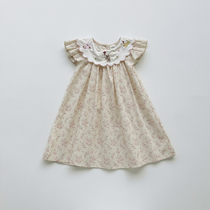 アニマル刺繍 コットン フリル 丸襟 半袖ワンピース フレンチシック【mh0013661】