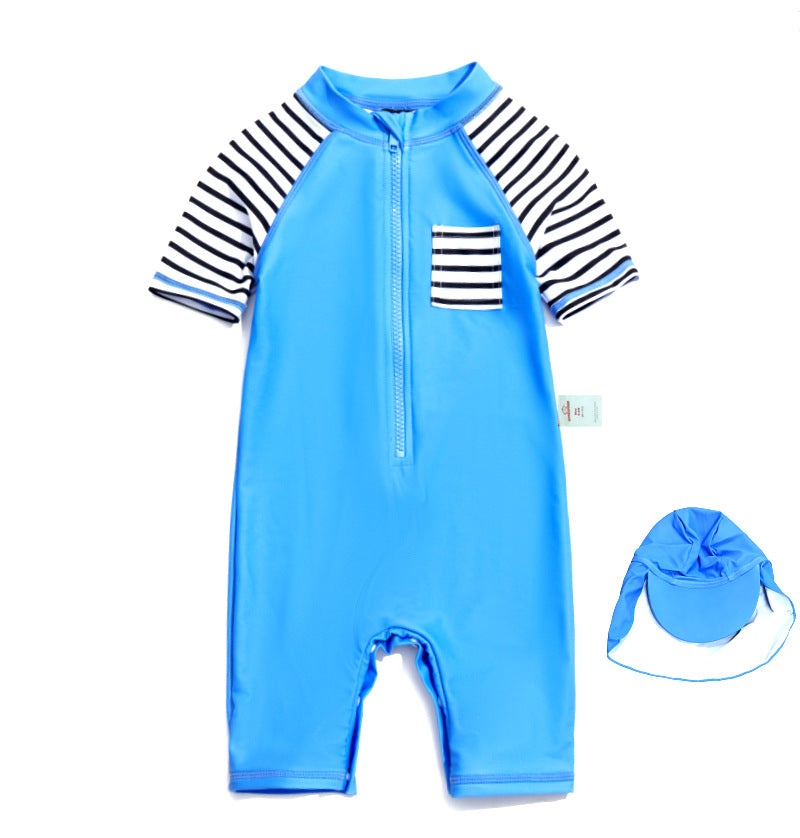 One-Piece Sun Protection Surf Wear プリント 半袖水着 帽子セット【mh0013319】
