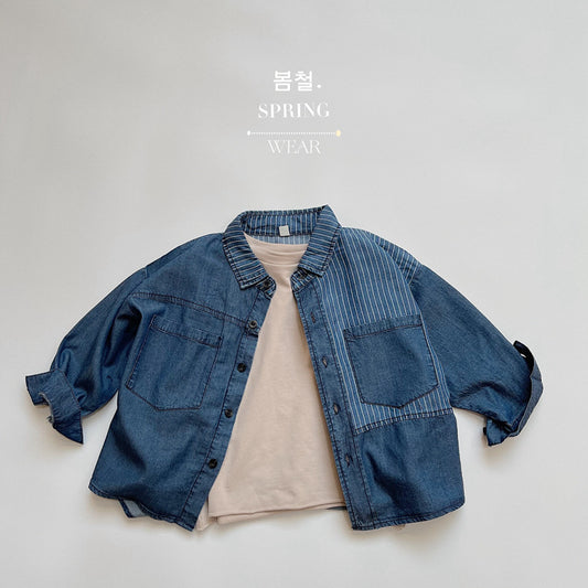 Kids' Color Block Striped Denim Long Sleeve Shirt