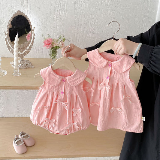 Sleeveless Bow Collared Plisse Dress Romper 立体リボン ノースリーブロンパース ノースリーブワンピース【mh0013434】