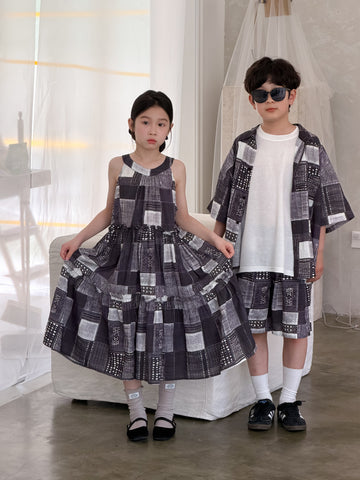 Ethnic Geometric Printed Dress Shirt Shorts Set エスニック ノースリーブワンピース 半袖シャツ ハーフパンツ【mh0013538】