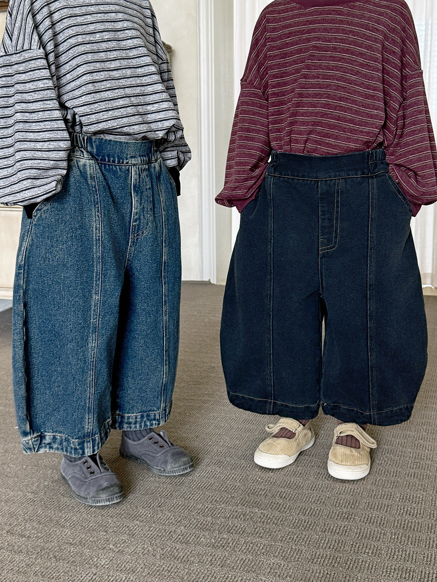 キッズ デニムパンツ パッチワーク風 ウォッシュ加工、ワイドルーズシルエット(ブルー)